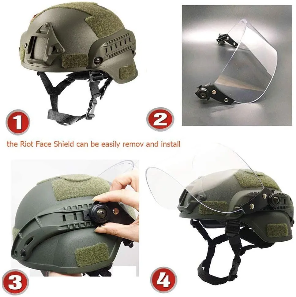 Quick Lightweight Protection Helmet Mich 2000 with Anti Riot Sunshade Sliding Goggles and Side Rail Nvg Bracket.