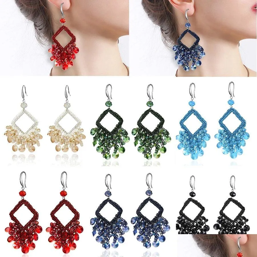 Ethnic Tassel Earrings For Women Crystal Beads Handmade Geometric Square Long Dangle Charms Wedding Acessorios Earings