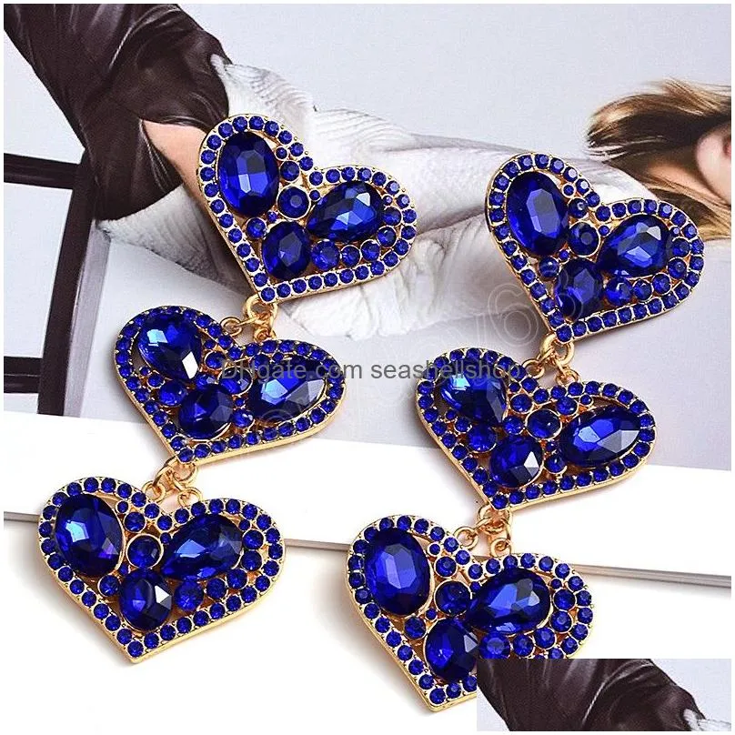 Statement Long Metal Heart Colorful Crystal Dangle Drop Earrings High-Quality Fashion Jewelry Accessories For Women