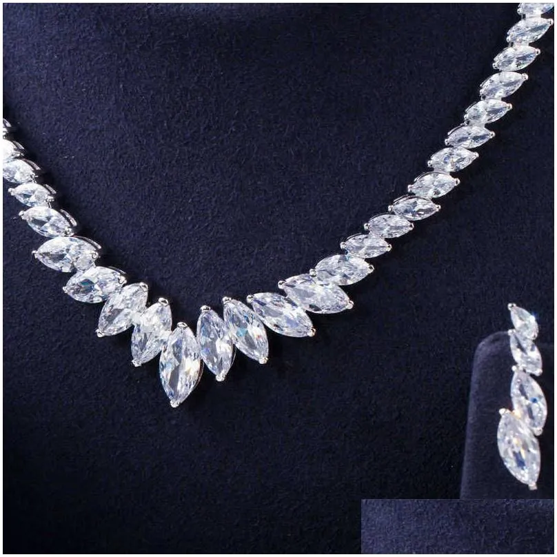 CWWZircons Top Quality Marquise Cut CZ Cubic Zirconia Wedding Choker Necklace and Earrings Bridal Prom Dress Jewelry Sets T398 H1022