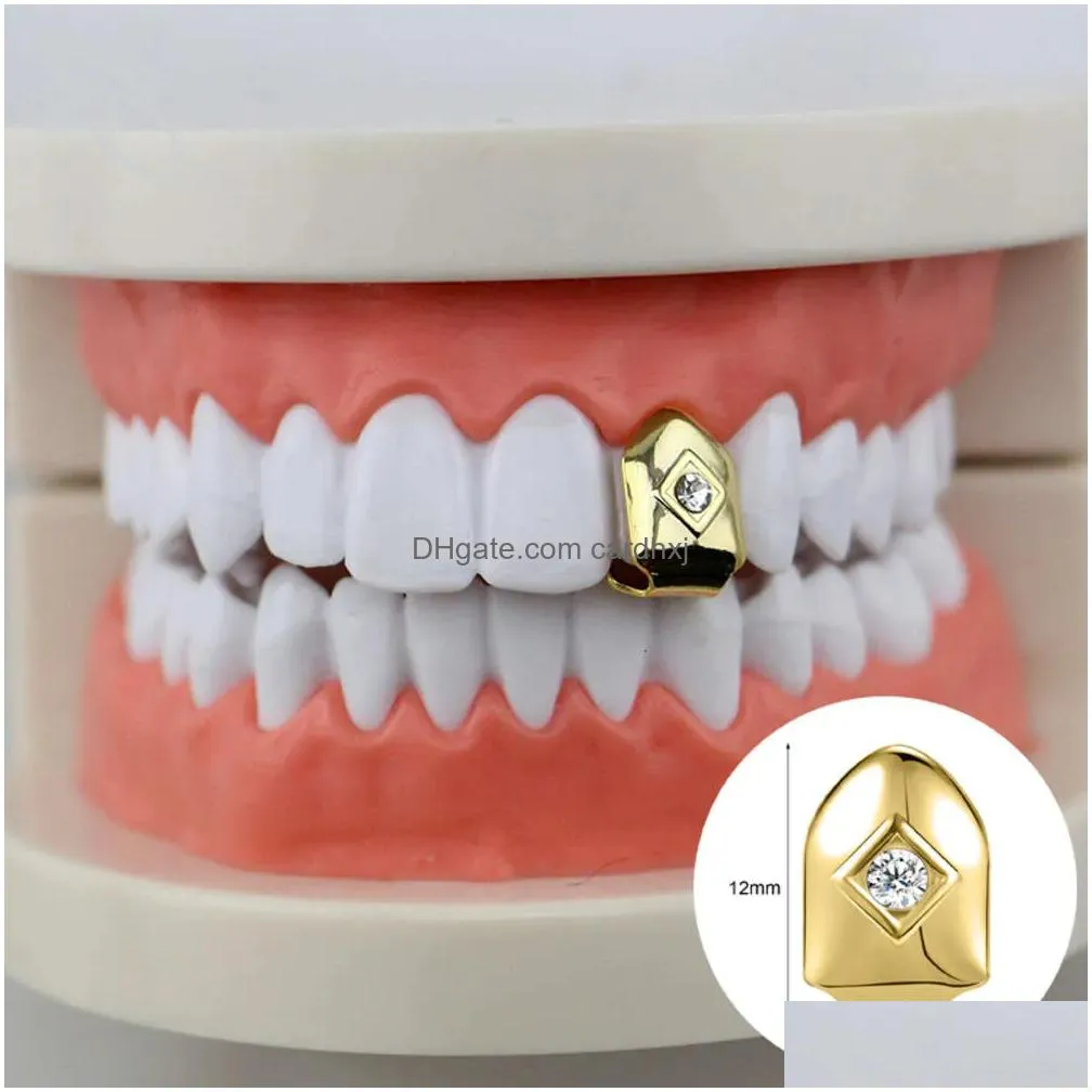 Grillz, Dental Grills Zs 1-2 Pieces Hip Hop Gold Plated Teeth Shiny Cz Crystal Cross Gap Grillz High Polish Finish Top Bottom Tooth C Dhotx