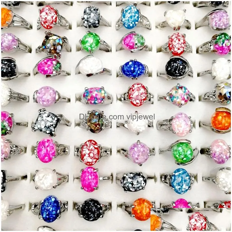 fashion 30pcs/lot 100% natural gemstone band ring vintage silver shell broken metal finger rings fit women and men charm jewelry party