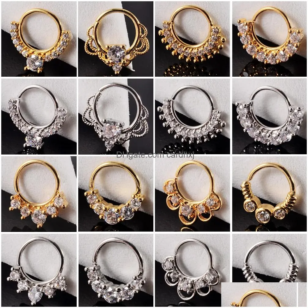 Navel & Bell Button Rings 16Pcs Cz Nose Hoop Nostril Bendable Ring Zircon Cartilage Tragus Daith Earrings Septum Clicker Helix Conch Dhecy