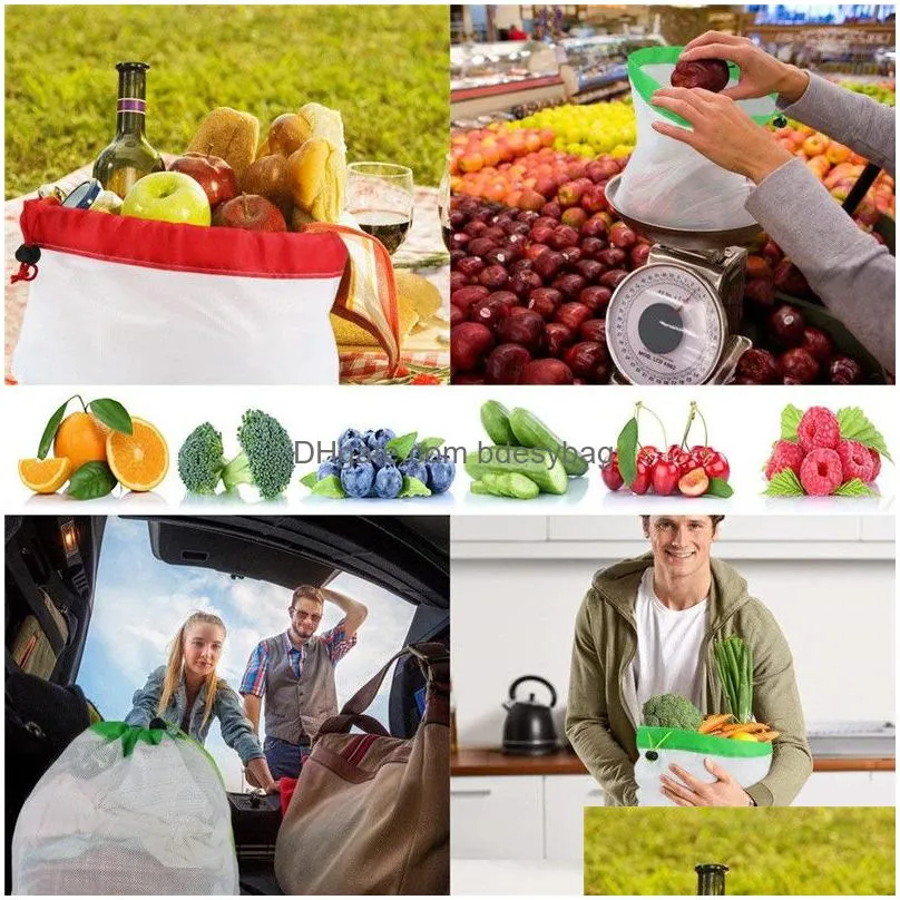 Storage Bags 12Pcs Reusable Mesh Produce Double Stitched Dstring Bag For Grocery Shop Fruit Vegetable Drop Delivery Home Garden Housek Dh5Ru