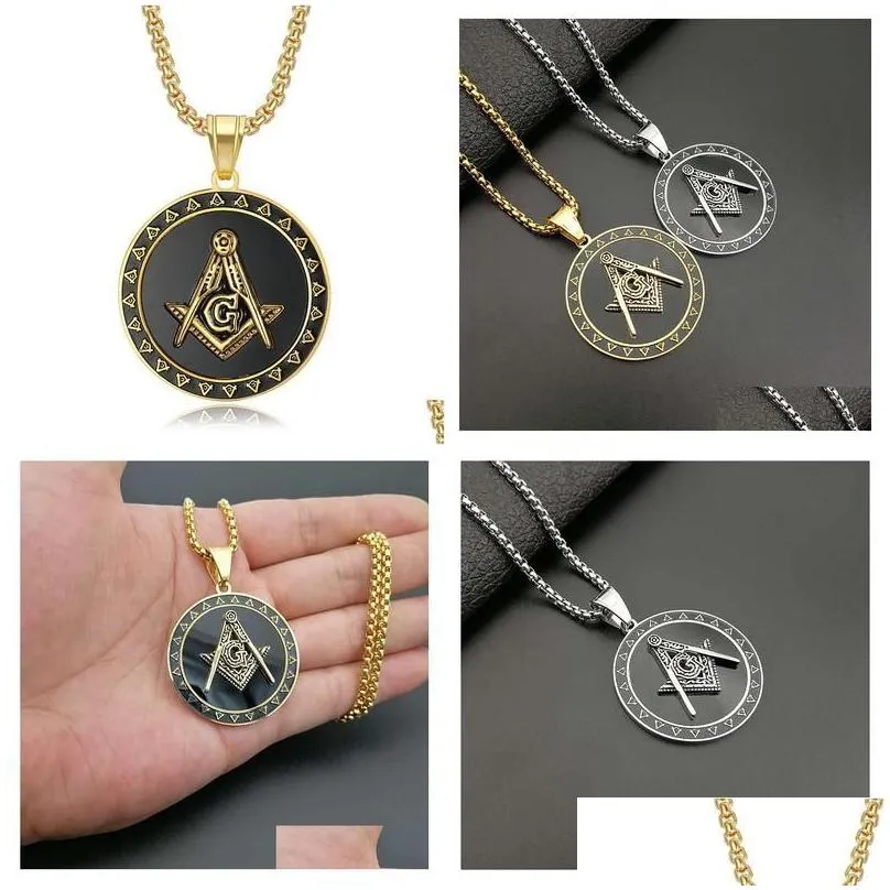 Pendant Necklaces 316 Stainless Steel Mason Masonic Necklace Sier Gold Black Round Shaped Fraternal Association Fraternity Charm Drop