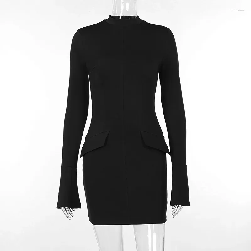 Casual Dresses Mozision Dark Blue Two Pocket Sexy Mini Dress For Women 2023 Autumn Winter Long Sleeve Bodycon Club Party Elegant