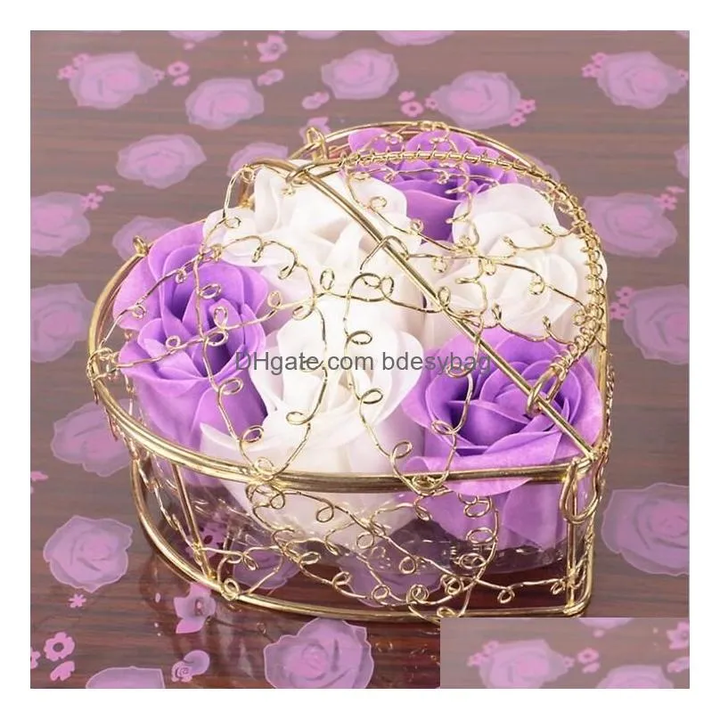 Decorative Flowers & Wreaths 6Pcs Artificial Rose Flower Heart Shaped Iron Box Petal Bath Soap Romantic Roses For Valentine Wedding Gi Dhdmj