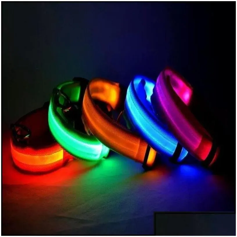 Dog Collars Leashes Nylon Led Pet Collar Night Safety Flashing Glow In The Dark Leash Dogs Luminous Fluorescent Supplies Drop Deli