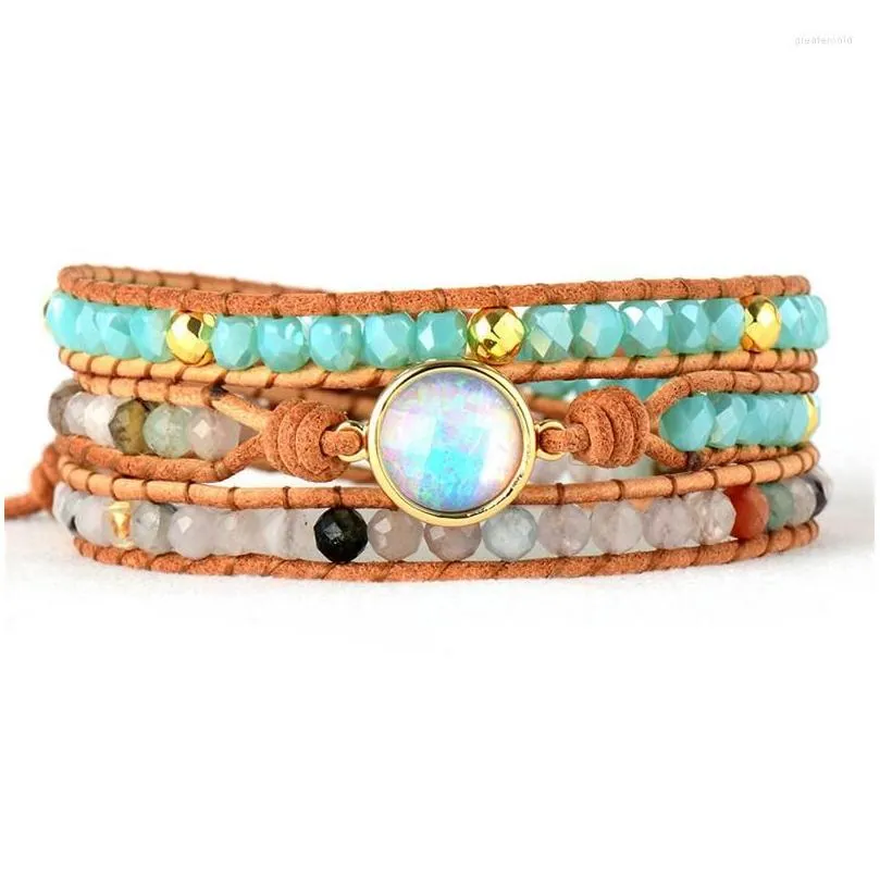 Strand Handmade Boho Multi Layered Natural Crystal Agate Stone Beads Beaded Bracelet Opal 3 Strands Leather Wrap Bracelets For Women