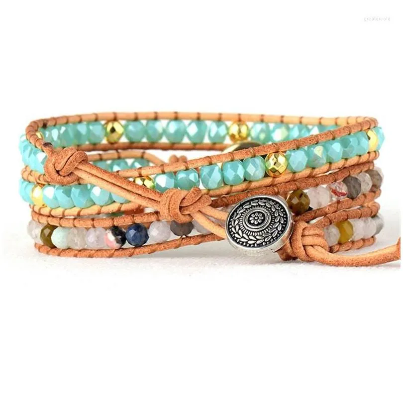 Strand Handmade Boho Multi Layered Natural Crystal Agate Stone Beads Beaded Bracelet Opal 3 Strands Leather Wrap Bracelets For Women