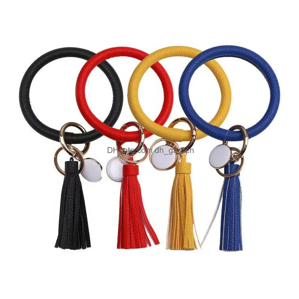 Charm Bracelets 4Pcs Leather Wristlet Keychain Round Key Ring Large Assel Chain Holder Bangle For Dhr8N