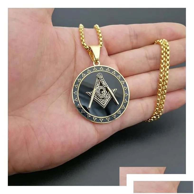 Pendant Necklaces 316 Stainless Steel Mason Masonic Necklace Sier Gold Black Round Shaped Fraternal Association Fraternity Charm Drop