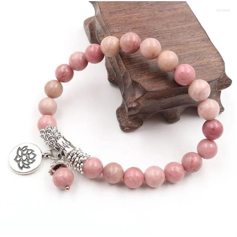 Strand XSM 8mm Natural Rhodonite Beads Bracelet Lotus Flower Tree Of Life Meditation Prayer Rosary Stone Bracelets Bangles Jewelry 1