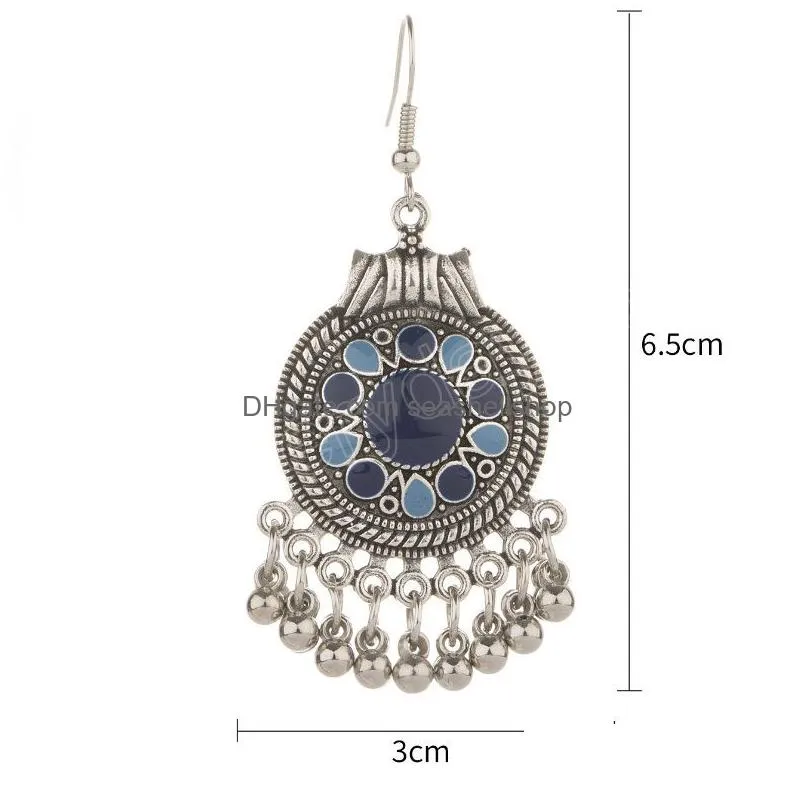 Ethnic Women`s Indian Earrings Classic Silver Color Bells Tassel Round Retro Flower Drop Dangle Earrings Boho Jhumka Jewelry