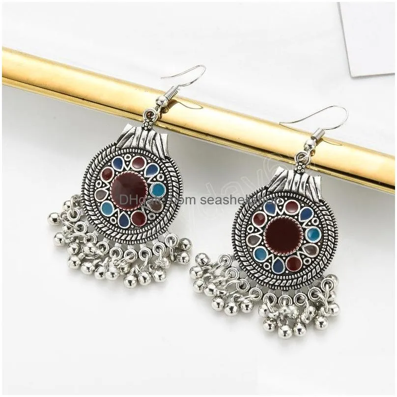 Ethnic Women`s Indian Earrings Classic Silver Color Bells Tassel Round Retro Flower Drop Dangle Earrings Boho Jhumka Jewelry