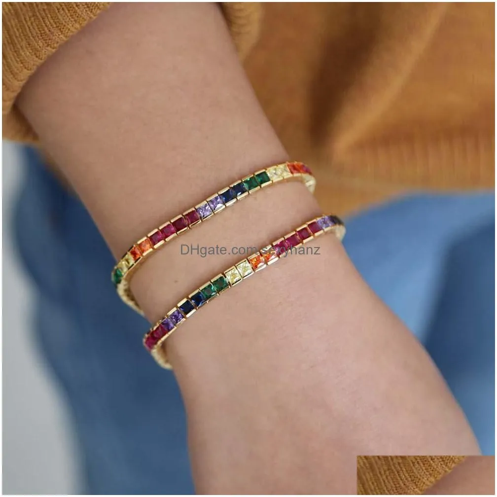 Bangle 2022 High Quality Crystal Rainbow Baguette Bracelet For Women Paved Clear Aaa Cz Luxury Gold Plated Party Jewelry Gift Drop D Dhhz3
