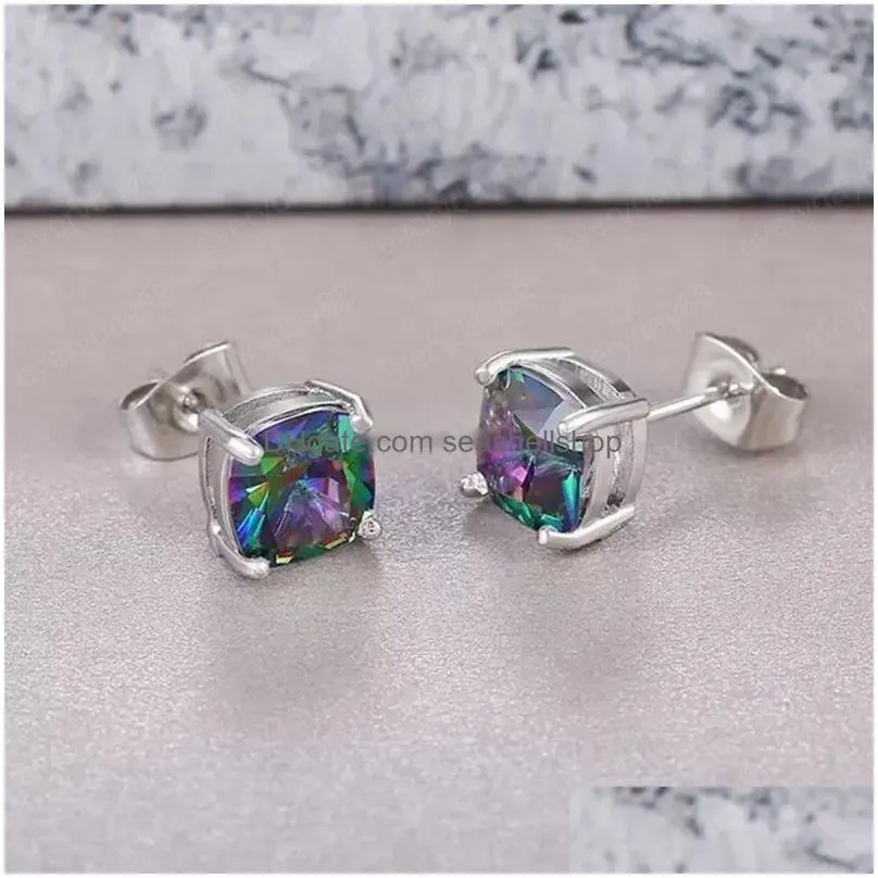 Square Cubic Zircon Diamond Stud Earrings Rainbow Green Blue Crystal Earrings for Women Valentine`s Gift Fashion Jewelry