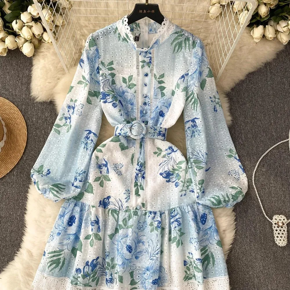 Basic Casual Dresses 2024 Autumn Holiday Flower Leaves Hollow Out Embroidery Dress Womens Stand Collar Lantern Sleeve Belt Lace Cloghe Otwps From 29 38 DHgate