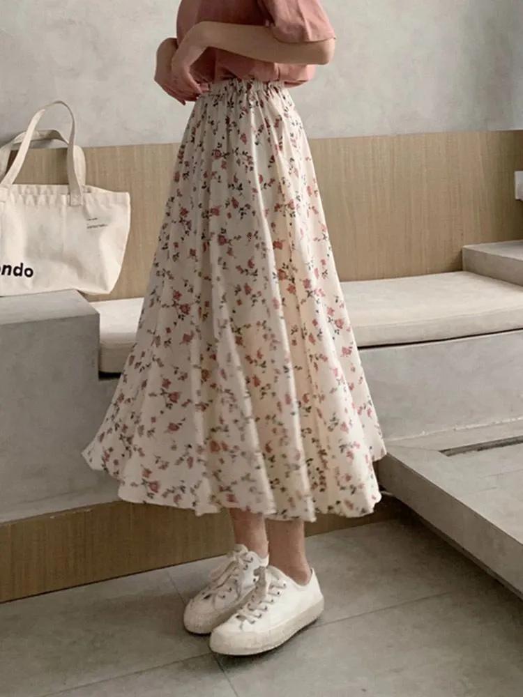 Skirts Vintage Floral Print Aline Pleated Long Summer Women Korean Streetwear Drawstring Elastic Waist Midi 230424