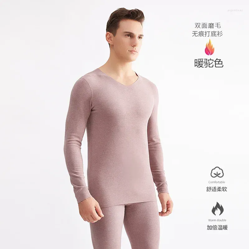 Men`s Thermal Underwear Traceless Fever Sweater Thin Warm Sleeve V-neck Heating