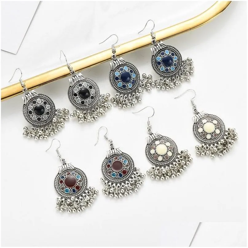 Ethnic Women`s Indian Earrings Classic Silver Color Bells Tassel Round Retro Flower Drop Dangle Earrings Boho Jhumka Jewelry