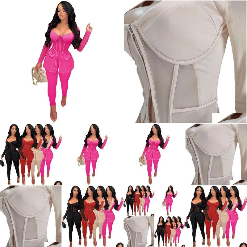 Wholesale Sexy Tracksuits Women Mesh Two Piece Sets Autumn Clothes Long Sleeve See Through Shirt Top and Pants 2pcs Mathing Set Night Club Party Wear