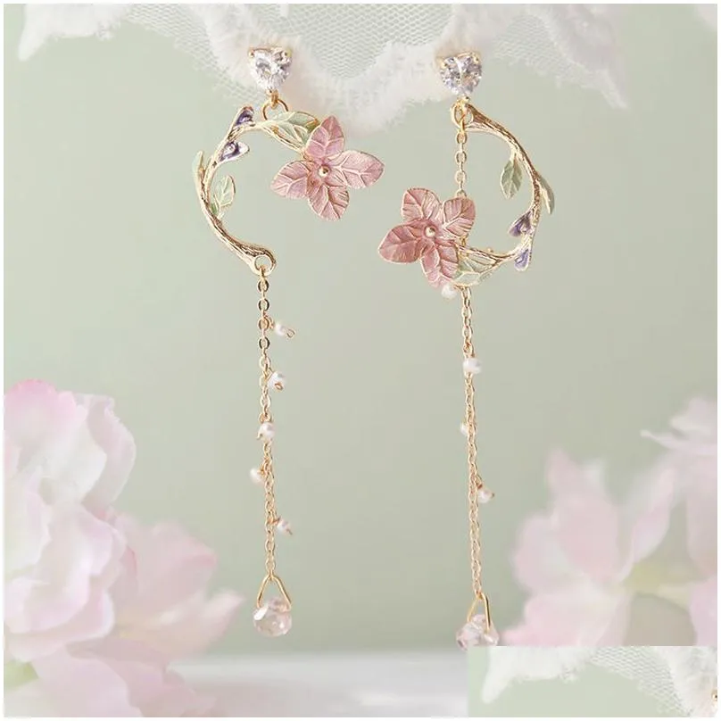 Fashion Rose Petal Drop Earrings for Women Red White Long Tassel Dangle Hanging Earrings Weddings Party Jewelry Accessories Gift