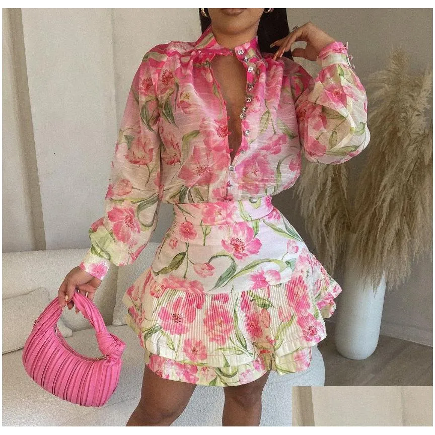 Two Piece Dress Shirt Sets Summer Suit Women Print Flower Long Sleeve Floral Holiday Turtleneck Short Skirt Set Drop Delivery Dhn6H