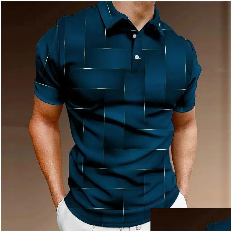 Men`S Polos Mens S Shirt Golf Geometric Folding 3D Printing Outdoor Street Short Sleeve Button Clothing Fashion Casual Breathable Drop Dhknx