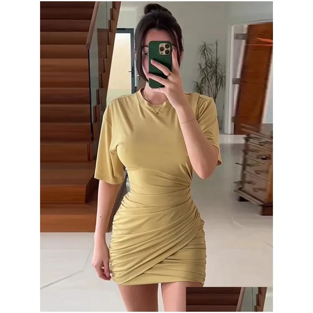 Women`S Jumpsuits & Rompers Womens Y Solid Short Sleeve Dres Elegant O Neck Pleated Mini Vestidos 2023 Summer Chic Female Club Party Dh25A