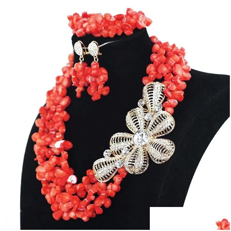 Earrings & Necklace Latest Design Nigerian Coral Beads Jewelry Set Real Wedding African Big Gold Pendant Statement Cnr832 Drop Delive Dhyph