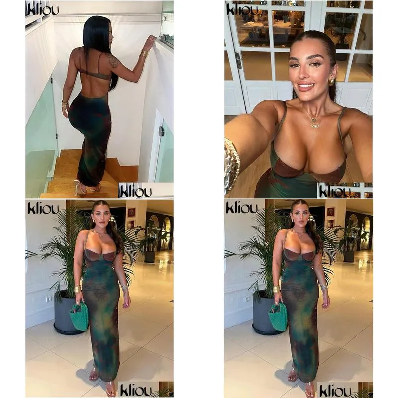 Basic & Casual Dresses Kliou Summer Women Vintage Tie Dye Print Maxi Dress Y Cleavage Body Sha Elegant Spaghetti Strap Robe Female Pa Dh5Qu