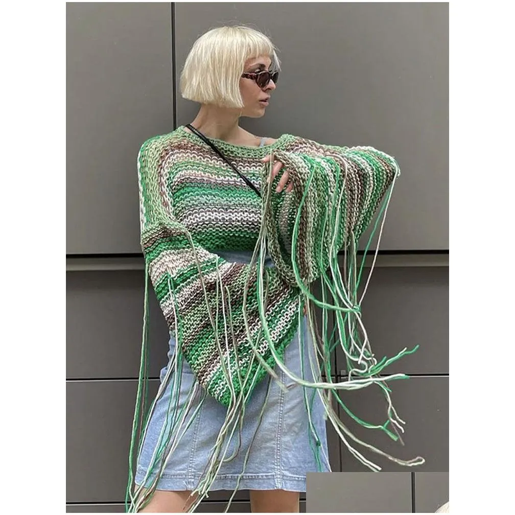 Women`S Sweaters Womens Sweter Rajut Rumbai Pelangi Wanita Atasan Jumper Lengan Panjang Pola Geometris Kasual Musim Gugur Dan Dingin Dhsud