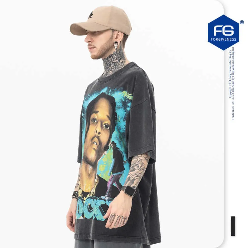 Men`s T-shirts Fg Wear | 2023 Summer New Fashion Brand Hip Hop Rap Singer Print Wash Old Round Neck Short Sleeve T-shirt1c6gwbqz