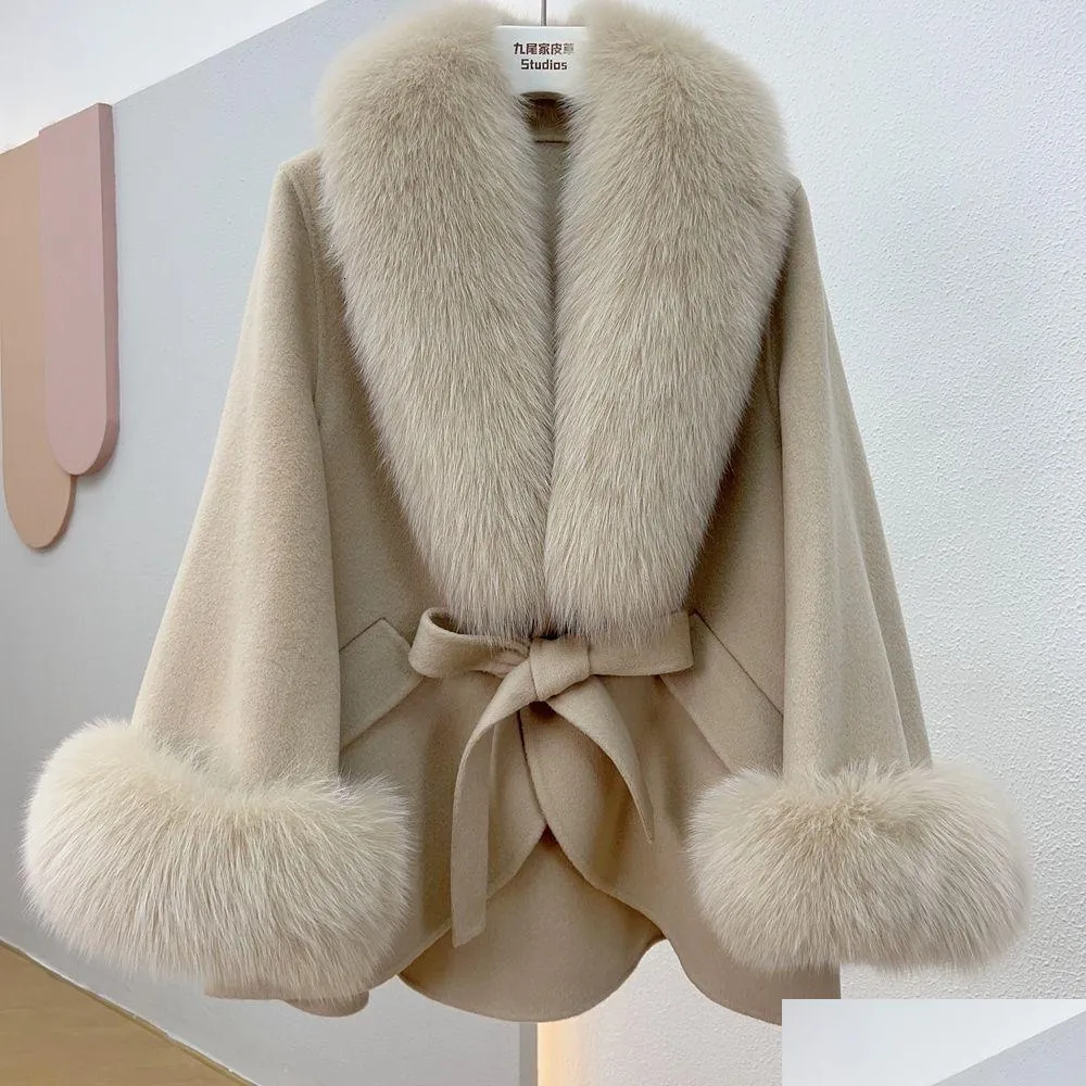 Womens Fur Faux FURTJY Winter Autumn Women Woolen Jacket Real Big Trim Collar Highend Cashmere Blends Luxury Fashionable Cloak 230921