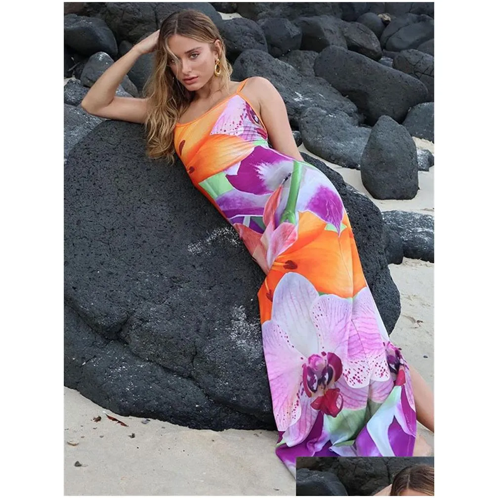 Basic & Casual Dresses Tossy Spaghetti Strap Lily Floral Slip Dress Summer Printed Maxi Backless Bodycon Slim Boho Long Sundress 2023 Dh6K5