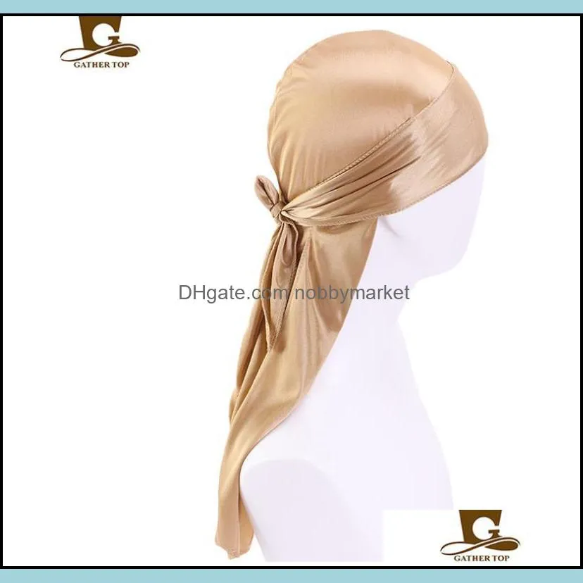 Men Women Silk Durag Fashion New Extra Long Tail Headwraps Silky Satin Pirate Cap Bandana Hat for 360 Waves Good Quality Wholesale