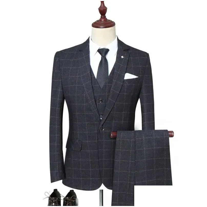 Men`S Suits & Blazers Mens Male High End Custom British Plaid Wedding Dress Groom Large Size Suit 3 Piece Set Pants Vest Jacket Trous Dh2Jb