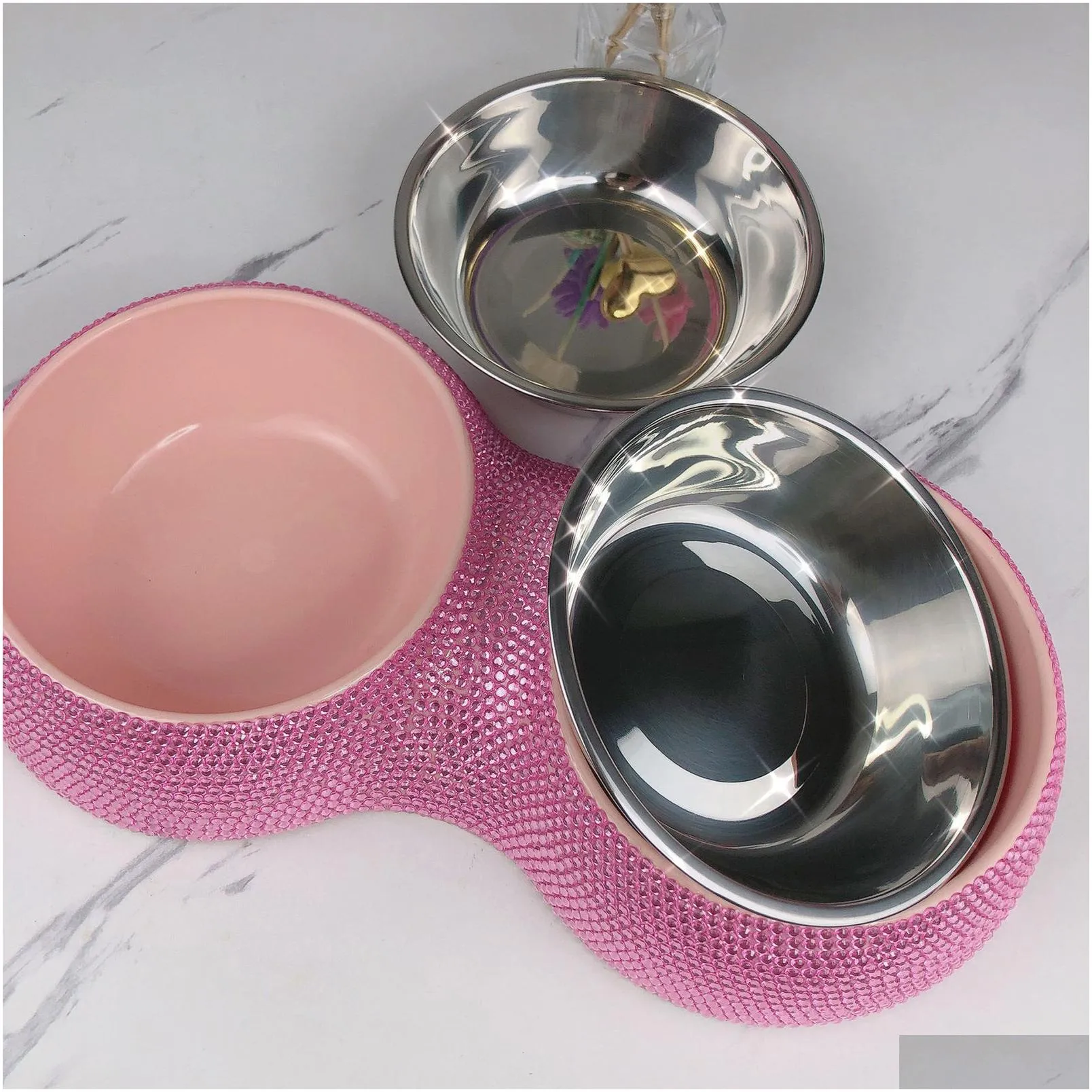 Dog Bowls & Feeders Double Pet Bling Cat Food Water Feeder Stainless Steel Feeding Supplies Pets Accessories 221114 Drop Delivery Home Dhxpu