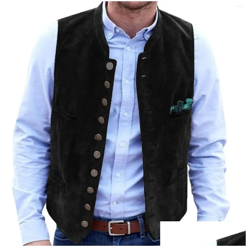 Men`S Vests Mens Deerskin Veet 10-Button Suit Vest Man Wedding Clothing Jacket Victorian Style Steampunk Casual Business Drop Delivery Dhthm