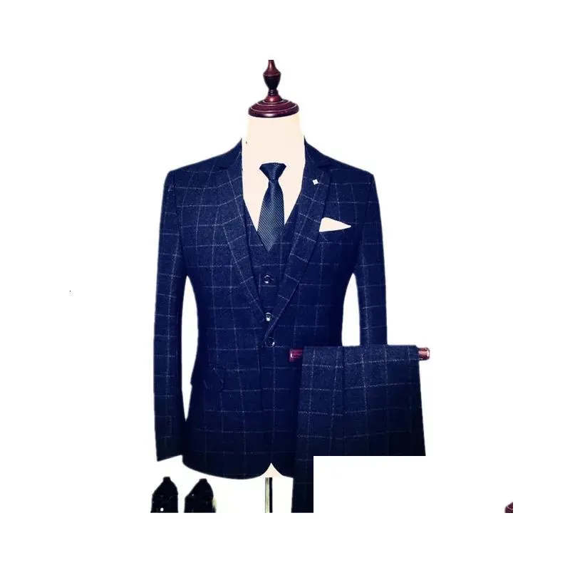 Men`S Suits & Blazers Mens Male High End Custom British Plaid Wedding Dress Groom Large Size Suit 3 Piece Set Pants Vest Jacket Trous Dh2Jb