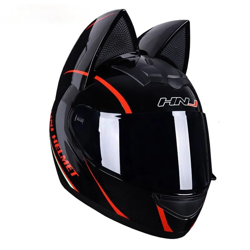 Cycling Helmets Sweet Cat Women Motorcycle Helmet Horn Cascos Moto Cute Ear Girl Motorcross Lovely Pink Bow Men Motorbike Capacete 933