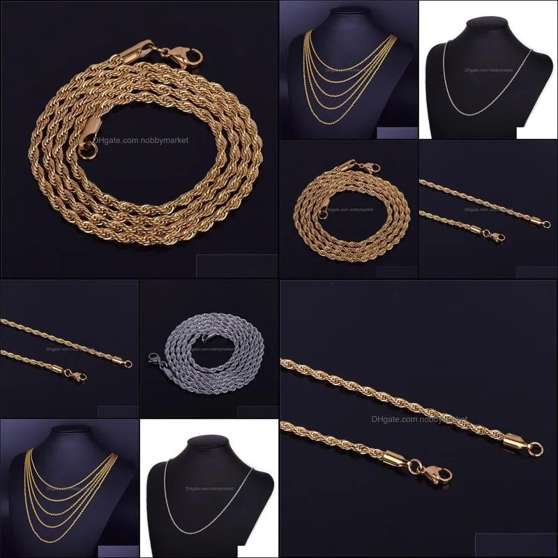 Mens Hip Hop Rappers Chain 3mm 18 20 24 30 Gold Silver Color Stainless steel Rope Link Necklace Hip hop Jewelry For Women