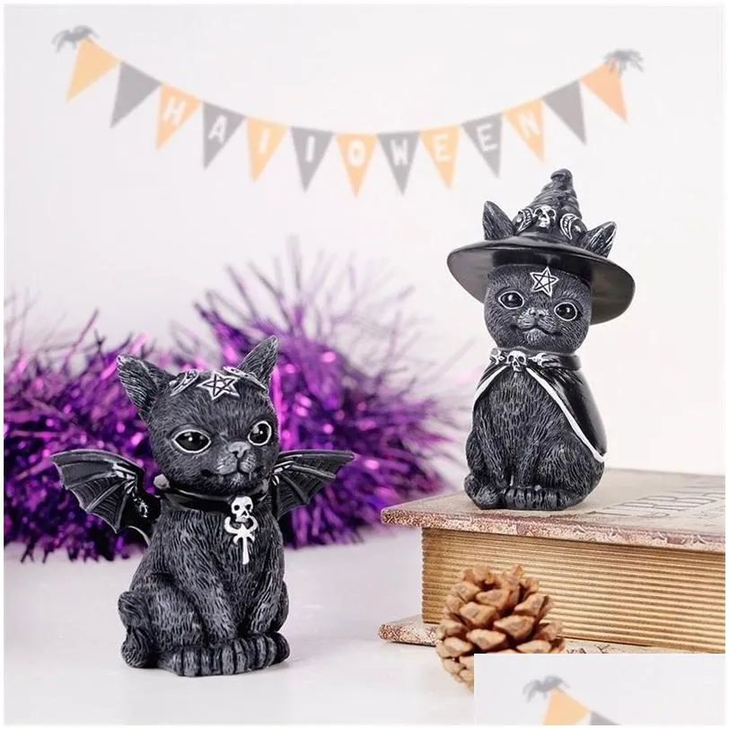 Decorative Objects & Figurines Resin Figure Wizard Black Magic Cat Ornaments Table Art Original Gifts Cute Miniatures Modern Room Deco Dhhyu