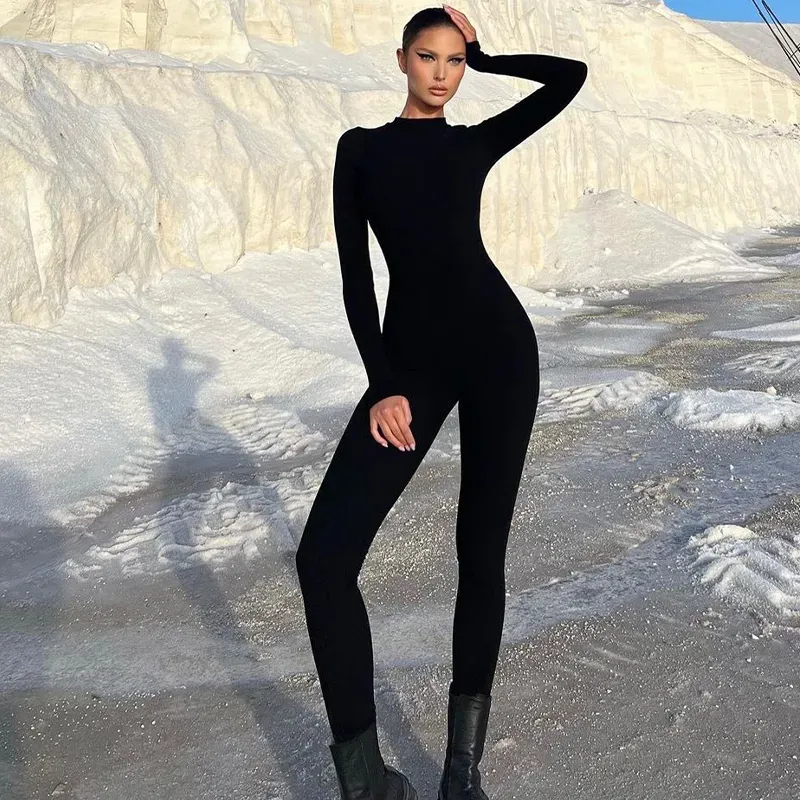 Womens Jumpsuits Rompers ONeck Long Sleeve Full Body Jumpsuit Women Ribbed Spandex Bodysuit Skinny Sports Gym Bodys Black 230922