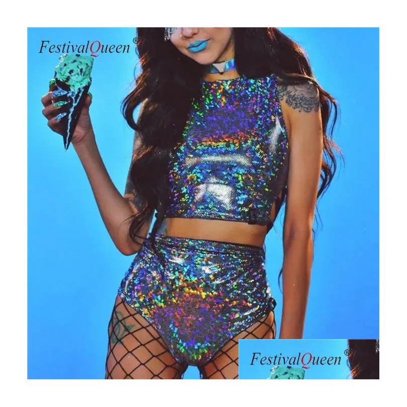 Women`S Two Piece Pants Festivalqueen Holographic Crop Top Women 2 Sets Fetival Rave Clothes Wear Outfits Hologram Tank High Waist Sh Dhqbw