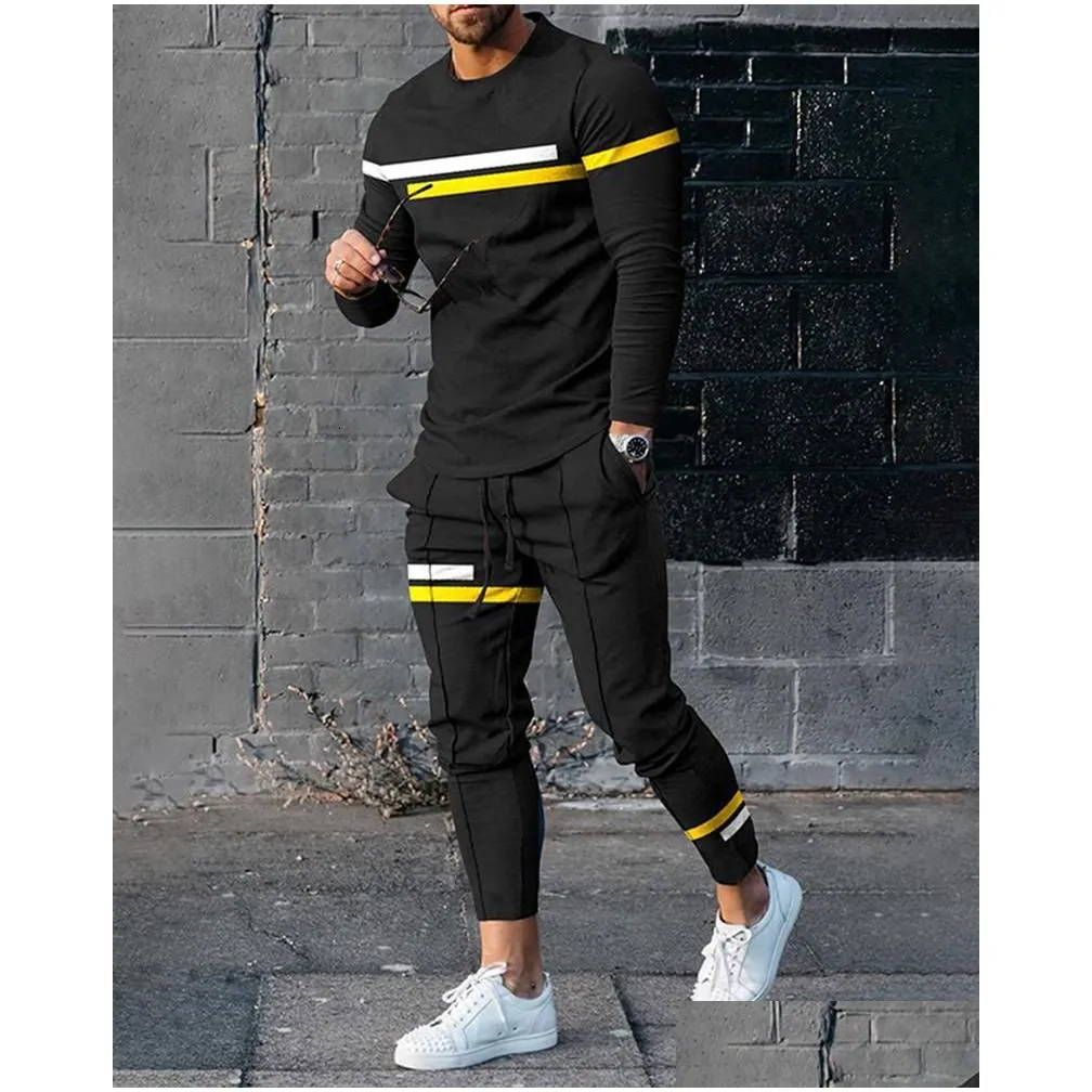 Men`S Tracksuits Mens Summer Fashion Tracksuit Set For Men 2 Piece Outfit Long Sleeve T Shirt Trousers Pants Sweatpants Sport Suit Ov Dht4E