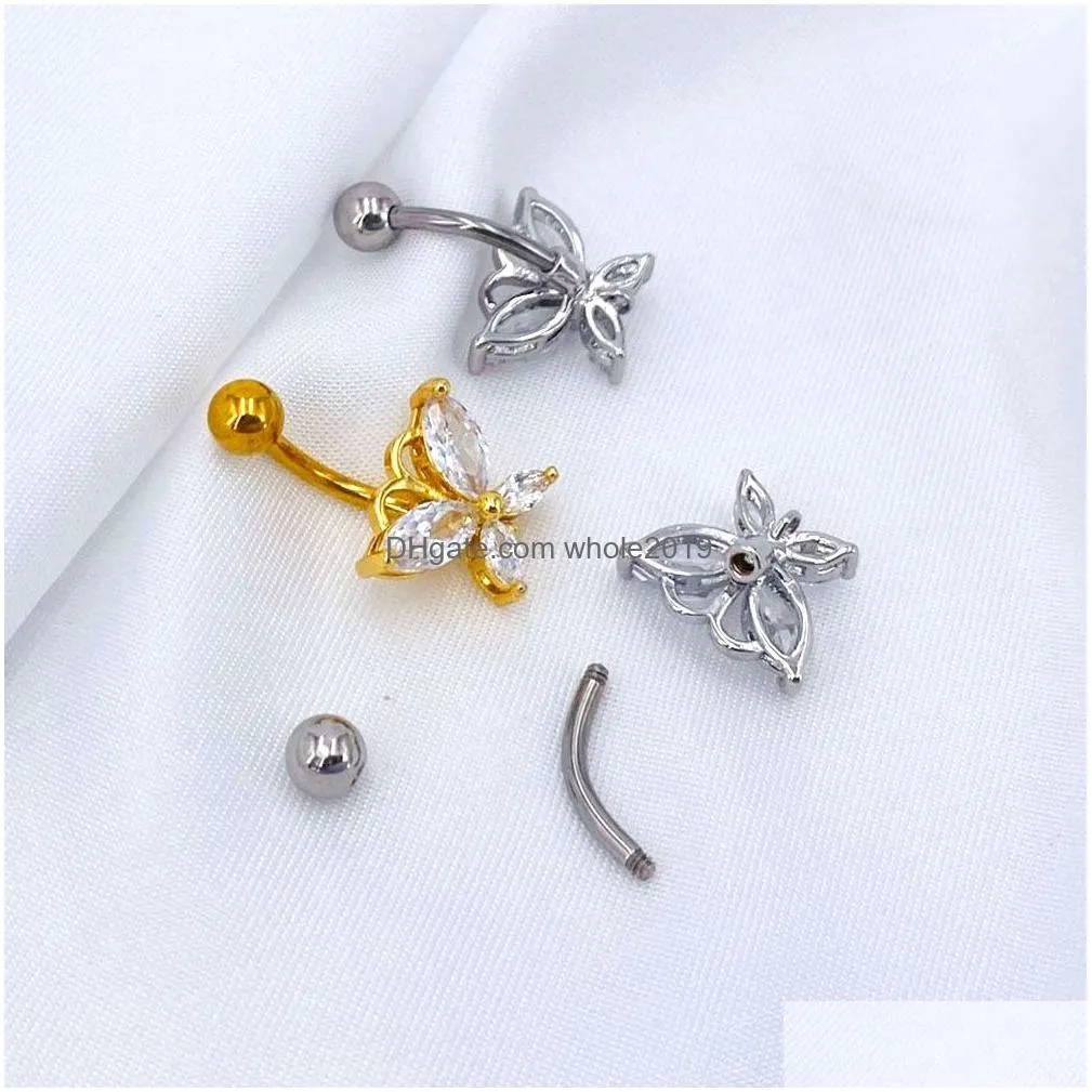 Navel & Bell Button Rings New Fashion Stainless Steel Zircon Ring Butterfly Belly For Women Girls Y Piercing Nail Body Drop Delivery Dhcog