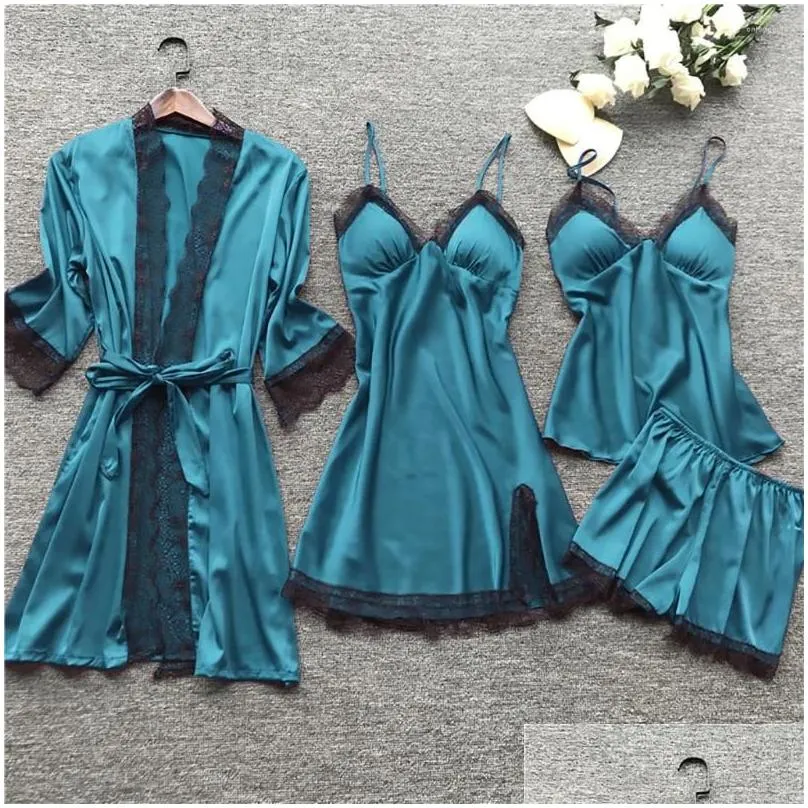 Women`S Sleepwear Womens Silk Women Nightdress Lace Dress Robe Pajamas Set Satin Underwear For Fl Erage Negligee Lingerie Y Drop Deli Dhzdy