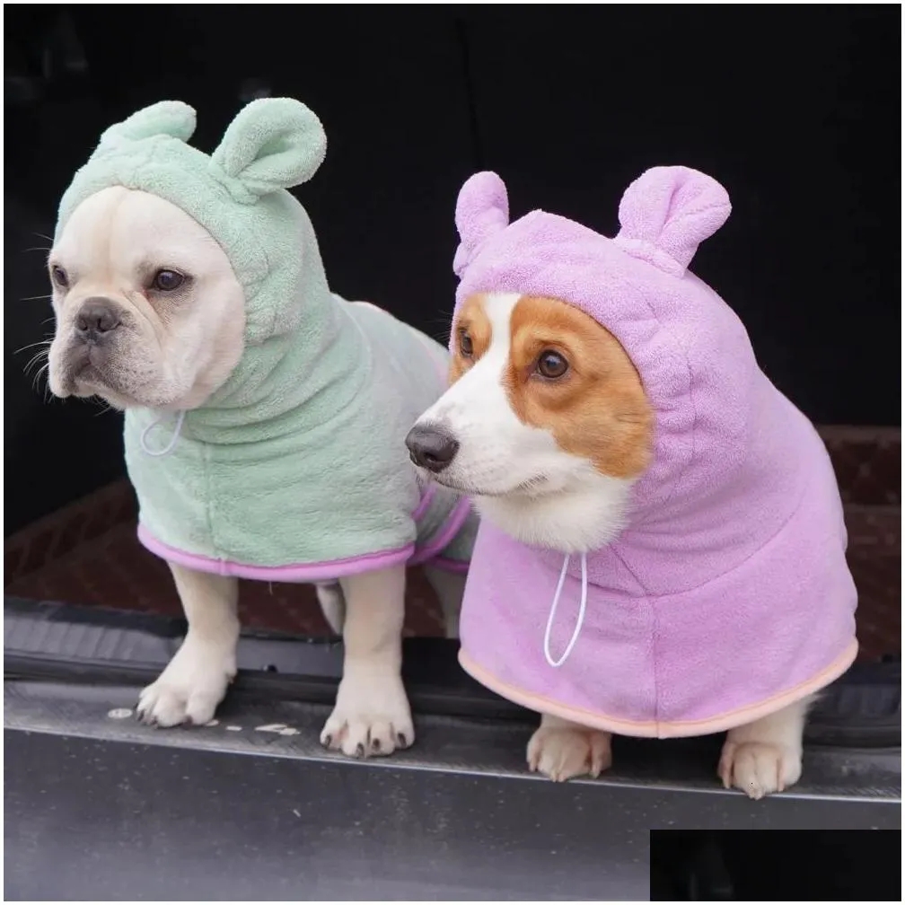 Dog Apparel Bathrobe For Dogs Super Absorbent Fast Drying Hooded Cute Pet Towel Cats Adjustable Microfiber Coat Corgi Pugs 231009 Dro Dh6Et